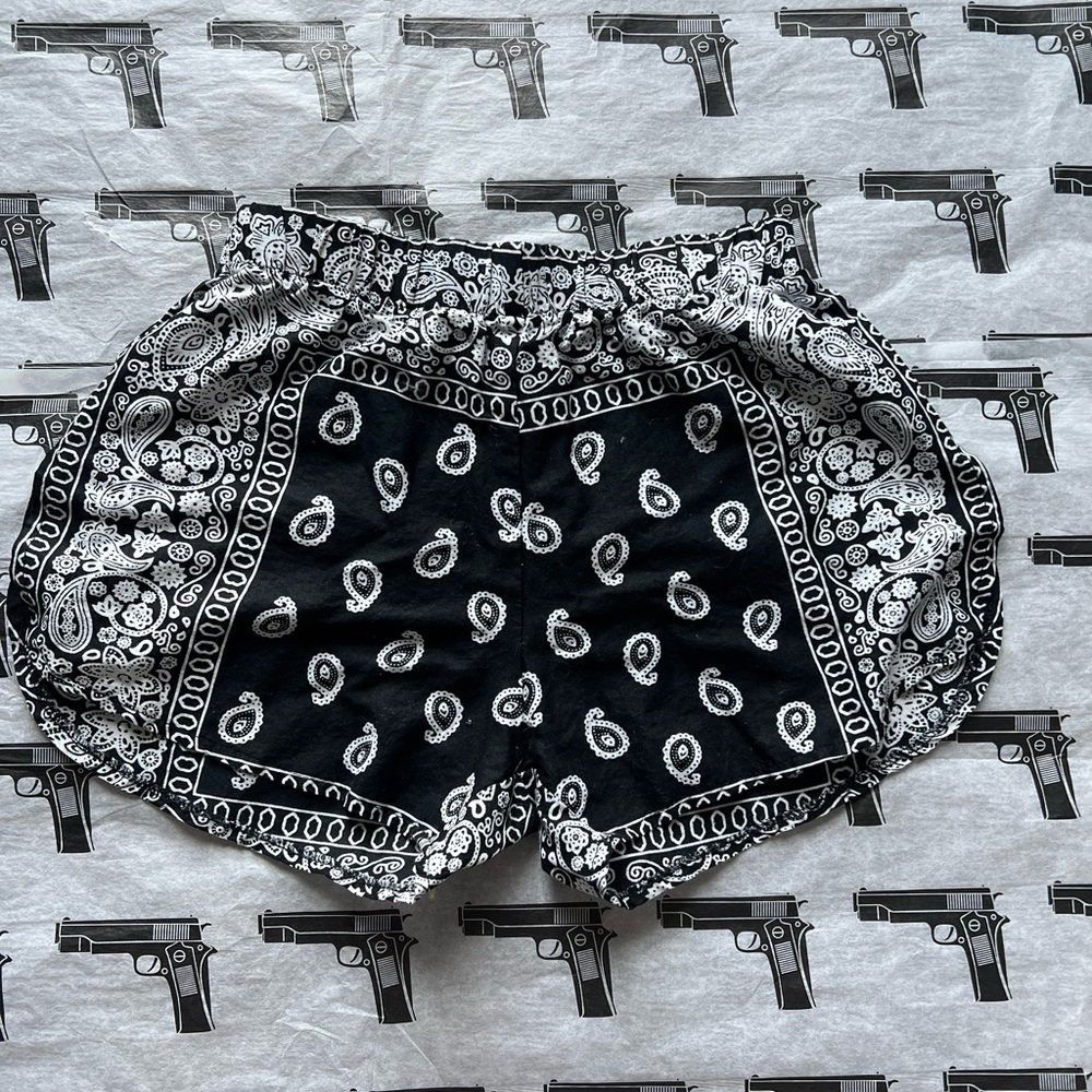Black and White Athletic Shorts with Paisley Print